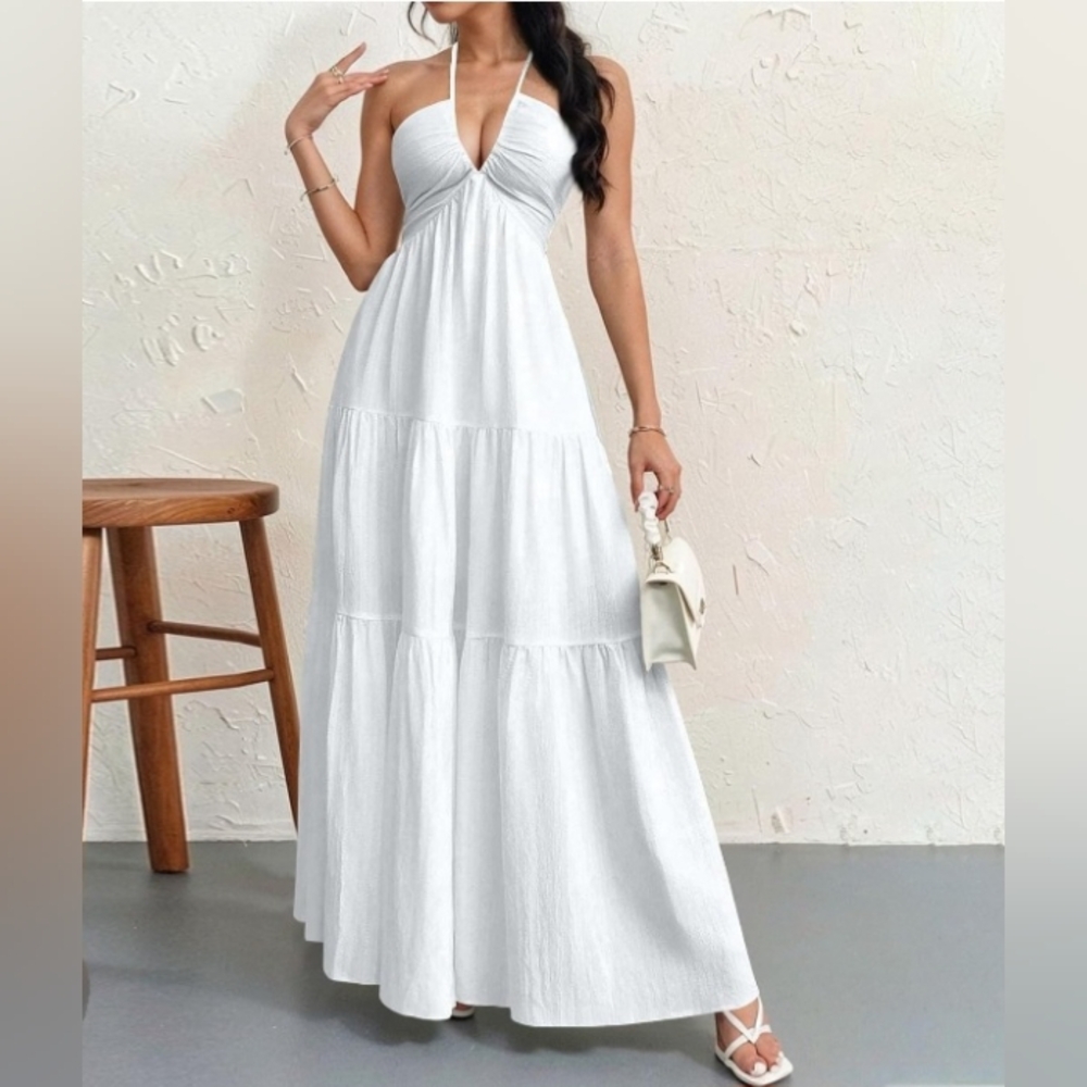 Women White Strap V Maxi dress